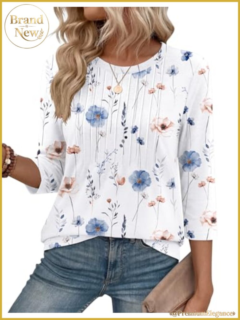 3/4 Sleeve Crew Neck Womens Tunic Shirt Pleated Fitted Curved Hem